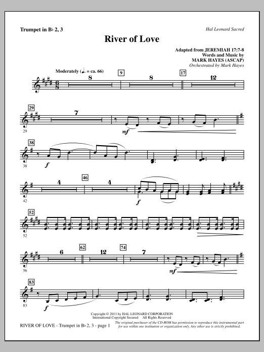 Mark Hayes River Of Love - Bb Trumpet 2,3 sheet music notes and chords arranged for Choir Instrumental Pak