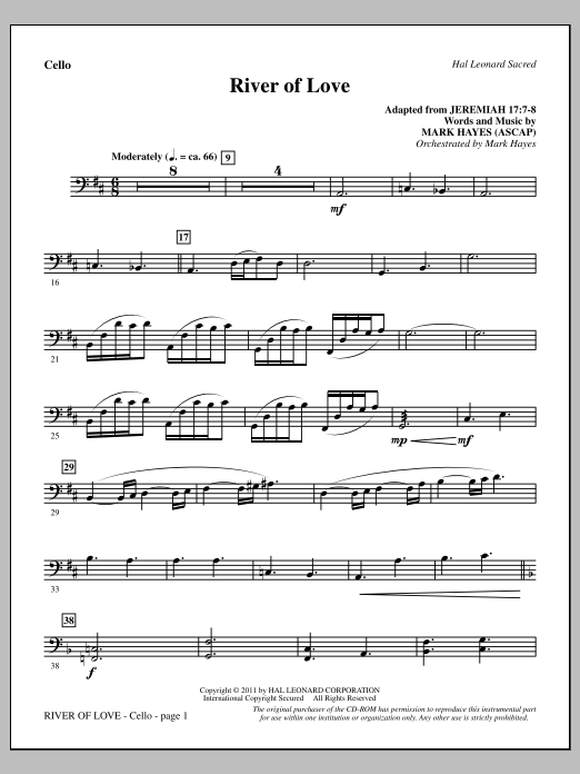 Mark Hayes River Of Love - Cello sheet music notes and chords arranged for Choir Instrumental Pak