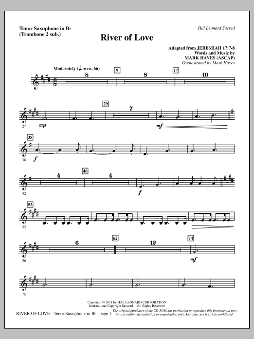 Mark Hayes River Of Love - Tenor Sax (sub. Tbn 2) sheet music notes and chords arranged for Choir Instrumental Pak