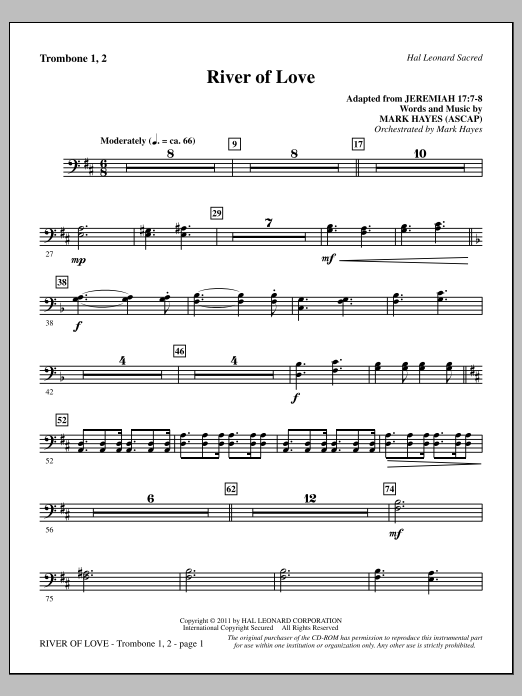 Mark Hayes River Of Love - Trombone 1 & 2 sheet music notes and chords arranged for Choir Instrumental Pak