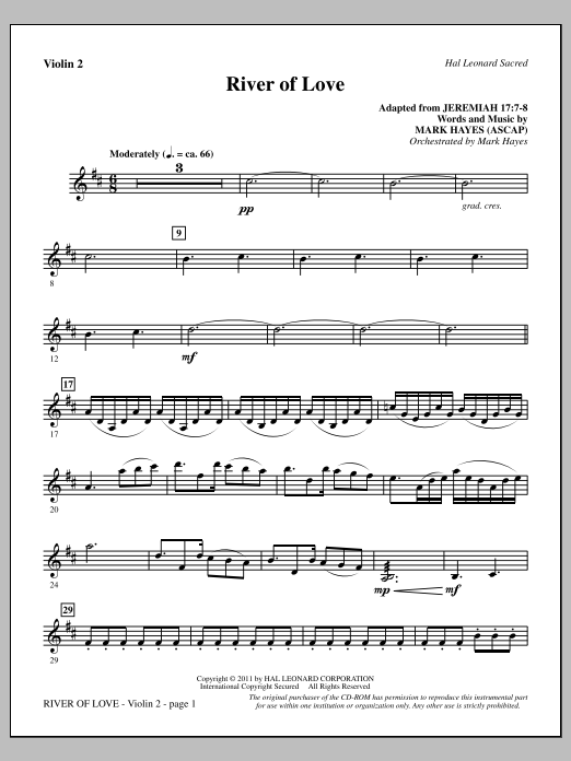 Mark Hayes River Of Love - Violin 2 sheet music notes and chords arranged for Choir Instrumental Pak