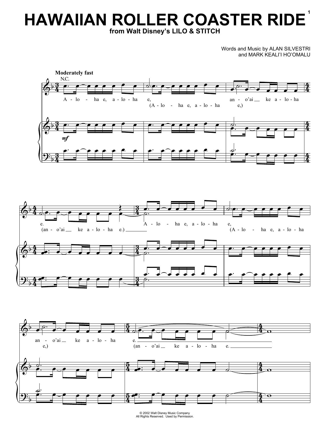 Mark Keali'i Ho'omalu Hawaiian Roller Coaster Ride (from Lilo & Stitch) sheet music notes and chords arranged for Big Note Piano