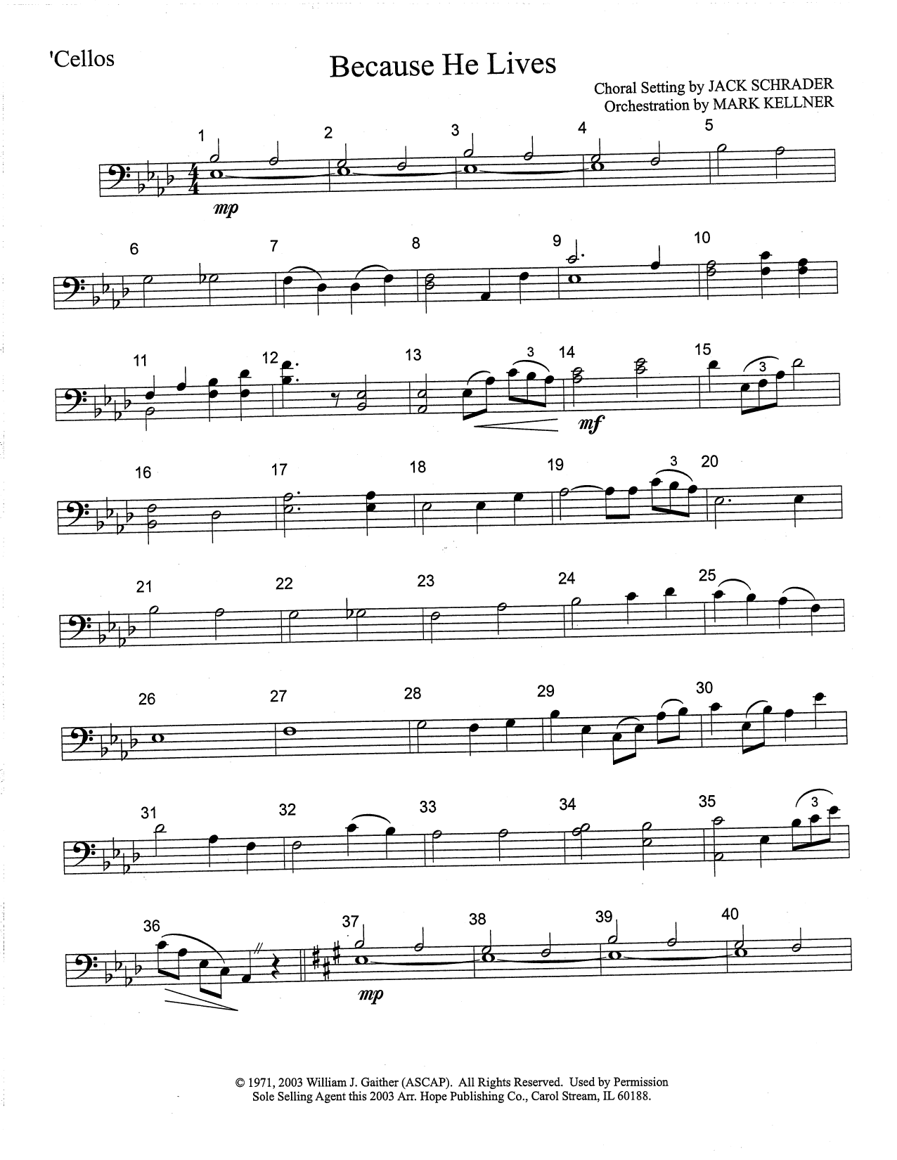 Mark Kellner Because He Lives - Cello sheet music notes and chords arranged for Choir Instrumental Pak