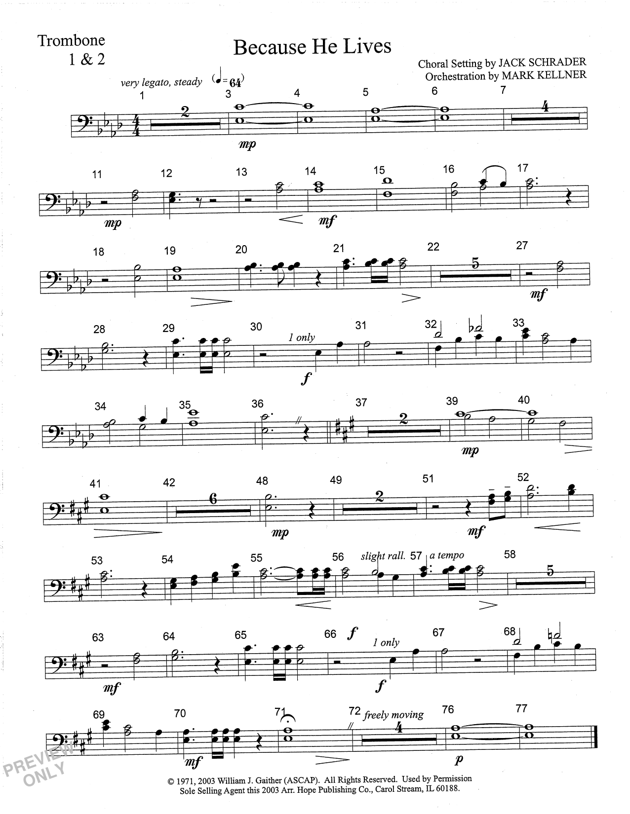 Mark Kellner Because He Lives - Trombone 1 & 2 sheet music notes and chords arranged for Choir Instrumental Pak