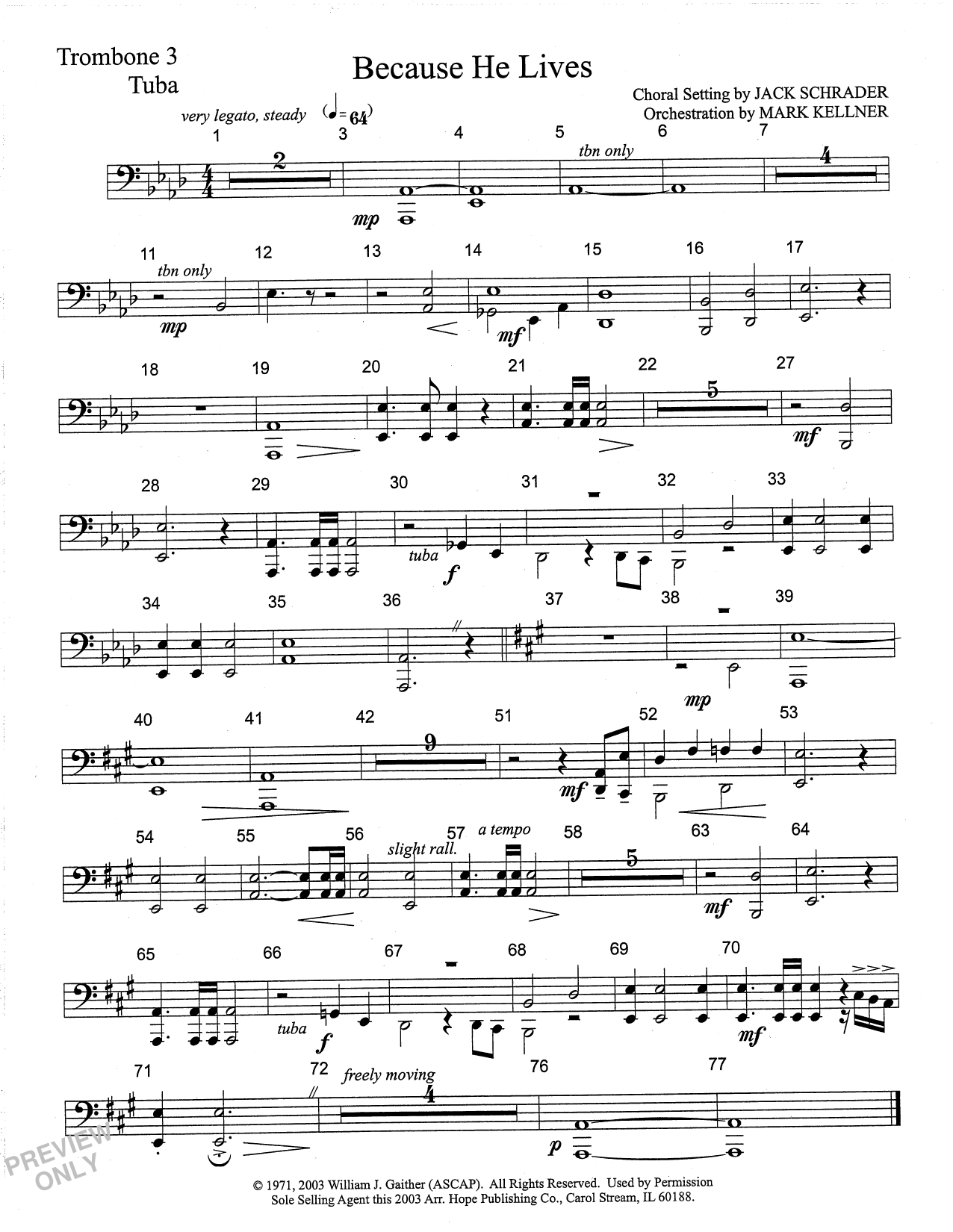 Mark Kellner Because He Lives - Trombone 3/Tuba sheet music notes and chords arranged for Choir Instrumental Pak