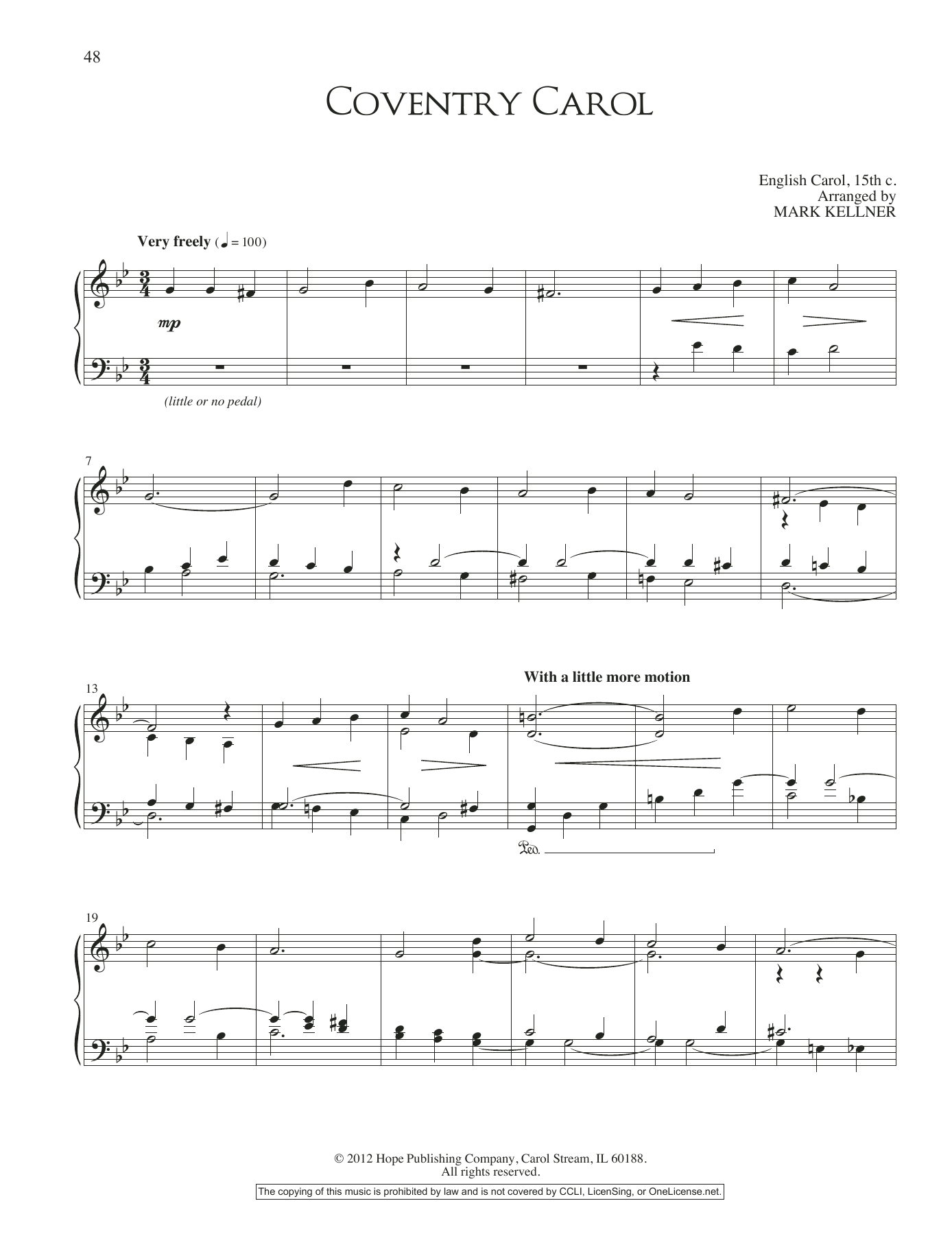 Mark Kellner Coventry Carol sheet music notes and chords arranged for Piano Solo