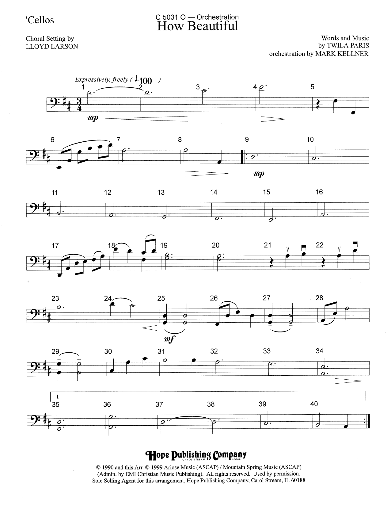 Mark Kellner How Beautiful - Cello sheet music notes and chords arranged for Choir Instrumental Pak