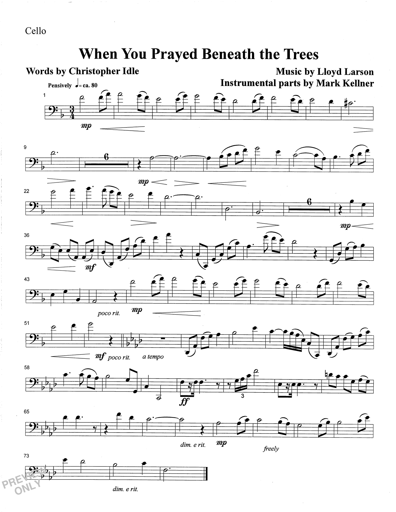 Mark Kellner When You Prayed Beneath The Trees - Cello sheet music notes and chords arranged for Choir Instrumental Pak