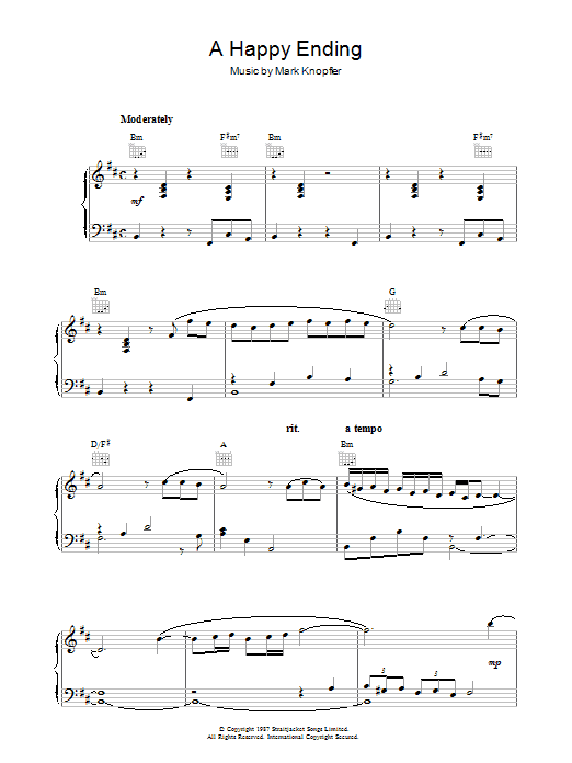 Mark Knopfler A Happy Ending (from The Princess Bride) sheet music notes and chords arranged for Piano Solo