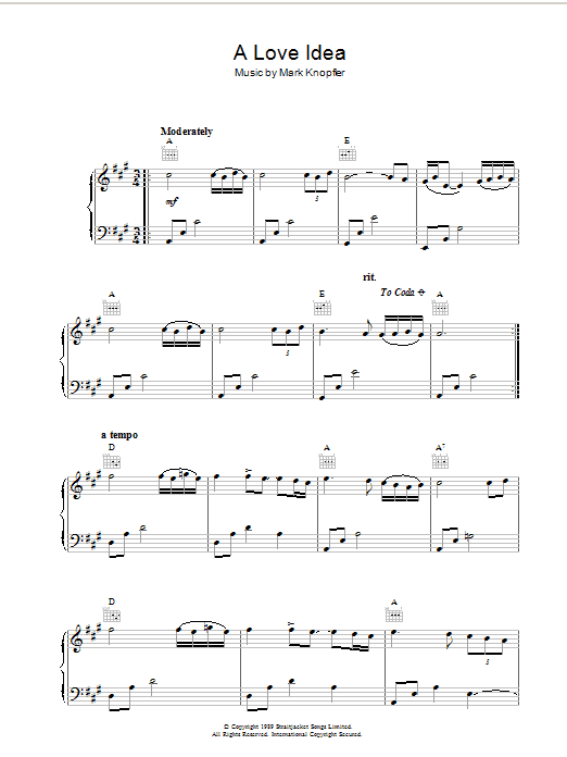 Mark Knopfler A Love Idea (from Last Exit To Brooklyn) sheet music notes and chords arranged for Piano Solo