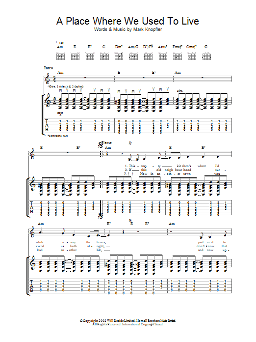 Mark Knopfler A Place Where We Used To Live sheet music notes and chords arranged for Guitar Tab