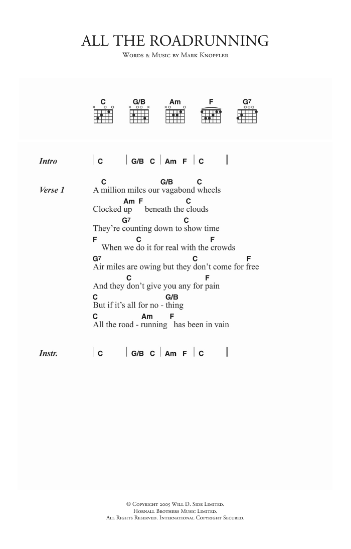 Mark Knopfler All The Roadrunning sheet music notes and chords arranged for Guitar Chords/Lyrics
