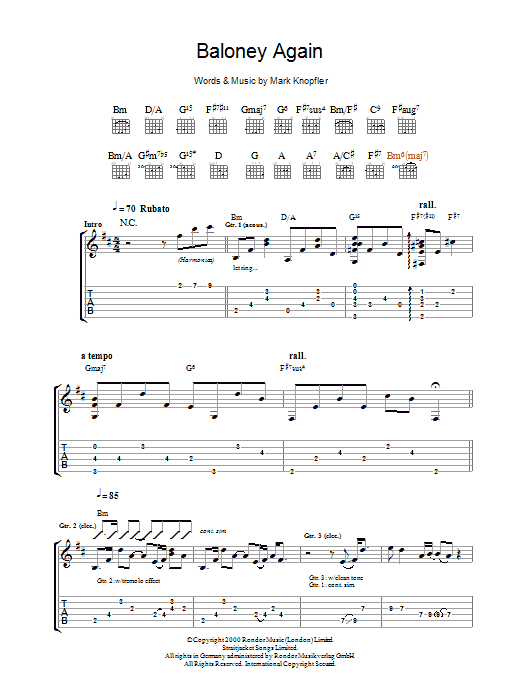 Mark Knopfler Baloney Again sheet music notes and chords arranged for Guitar Tab