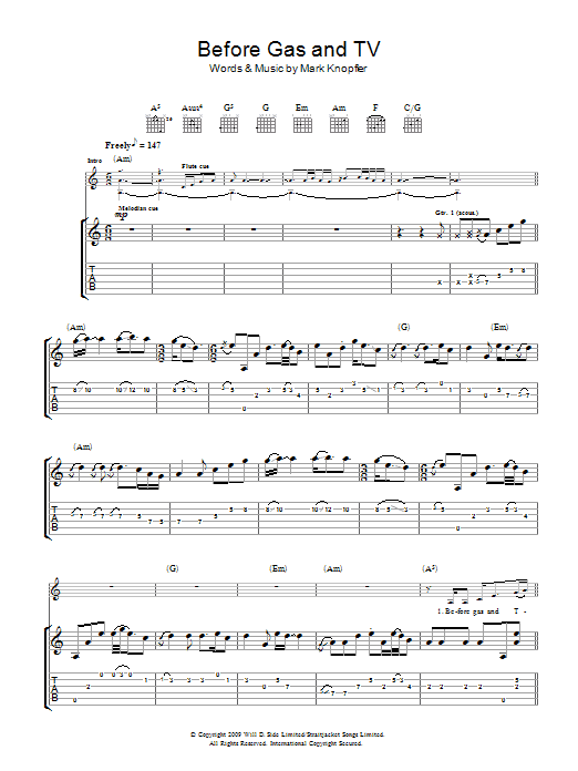 Mark Knopfler Before Gas & TV sheet music notes and chords arranged for Guitar Tab