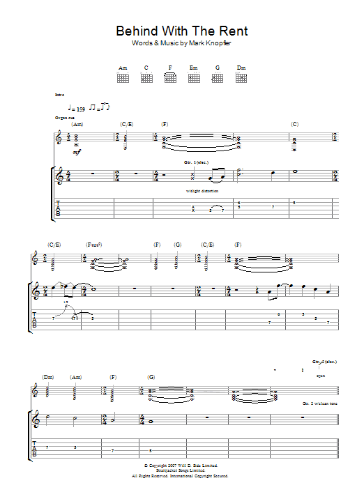 Mark Knopfler Behind With The Rent sheet music notes and chords arranged for Guitar Tab