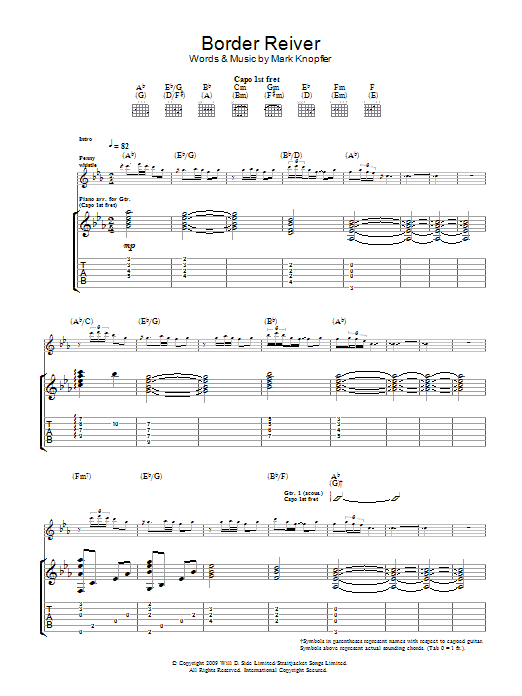 Mark Knopfler Border Reiver sheet music notes and chords arranged for Guitar Tab