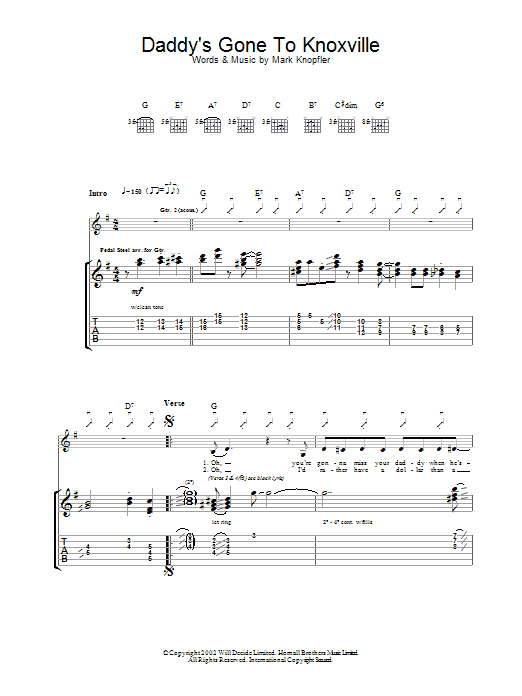 Mark Knopfler Daddy's Gone To Knoxville sheet music notes and chords arranged for Guitar Tab