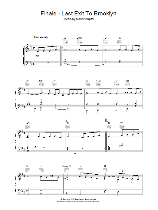 Mark Knopfler Finale - Last Exit To Brooklyn sheet music notes and chords arranged for Piano Solo