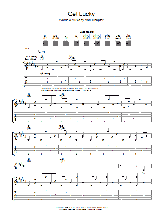 Mark Knopfler Get Lucky sheet music notes and chords arranged for Guitar Tab