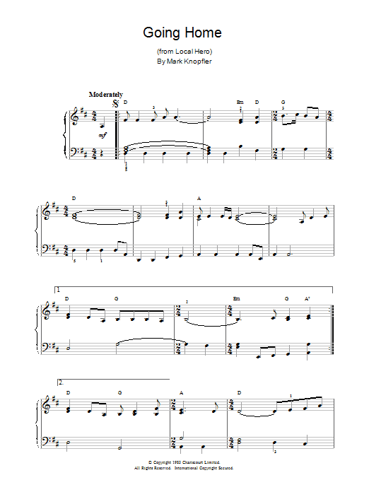 Mark Knopfler Going Home (from Local Hero) sheet music notes and chords arranged for Piano Solo