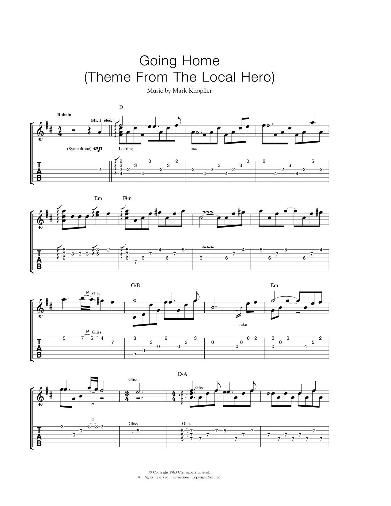Mark Knopfler Going Home (Theme From 'Local Hero') sheet music notes and chords arranged for Guitar Tab