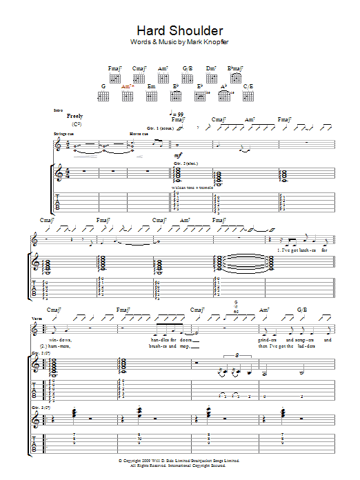 Mark Knopfler Hard Shoulder sheet music notes and chords arranged for Guitar Tab