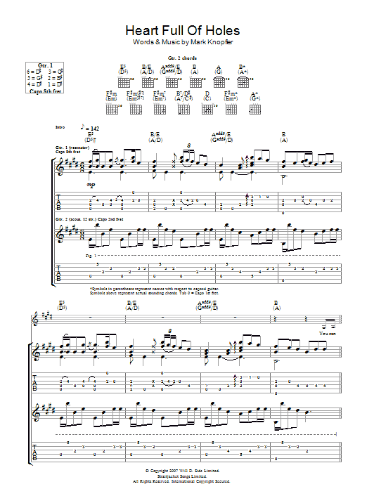 Mark Knopfler Heart Full Of Holes sheet music notes and chords arranged for Guitar Tab