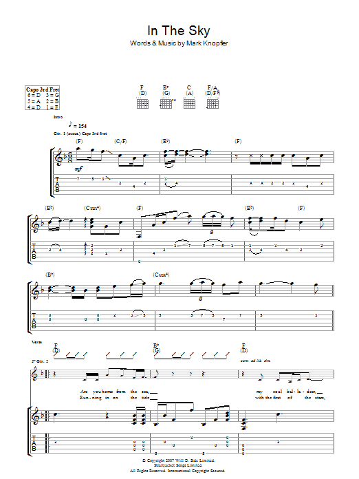 Mark Knopfler In The Sky sheet music notes and chords arranged for Guitar Tab