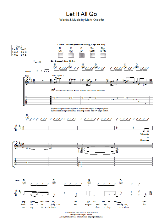 Mark Knopfler Let It All Go sheet music notes and chords arranged for Guitar Tab