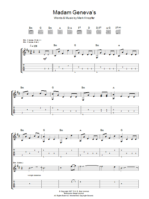 Mark Knopfler Madame Geneva's sheet music notes and chords arranged for Guitar Tab