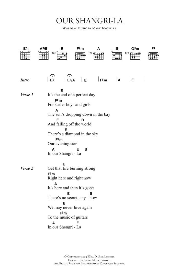 Mark Knopfler Our Shangri-La sheet music notes and chords arranged for Guitar Chords/Lyrics