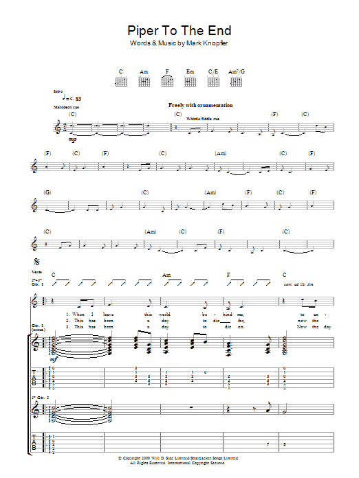 Mark Knopfler Piper To The End sheet music notes and chords arranged for Guitar Tab
