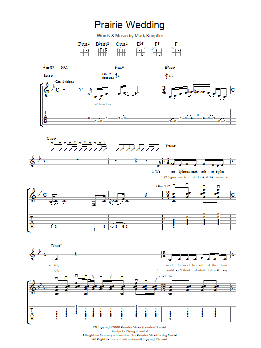 Mark Knopfler Prairie Wedding sheet music notes and chords arranged for Guitar Chords/Lyrics