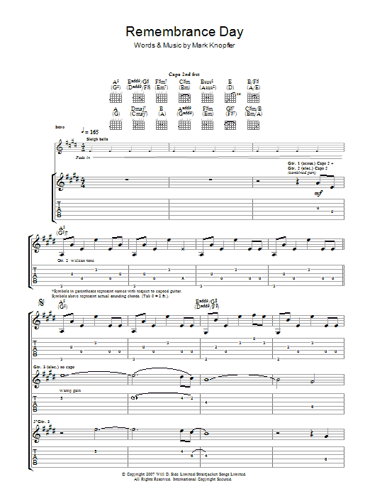 Mark Knopfler Remembrance Day sheet music notes and chords arranged for Guitar Tab