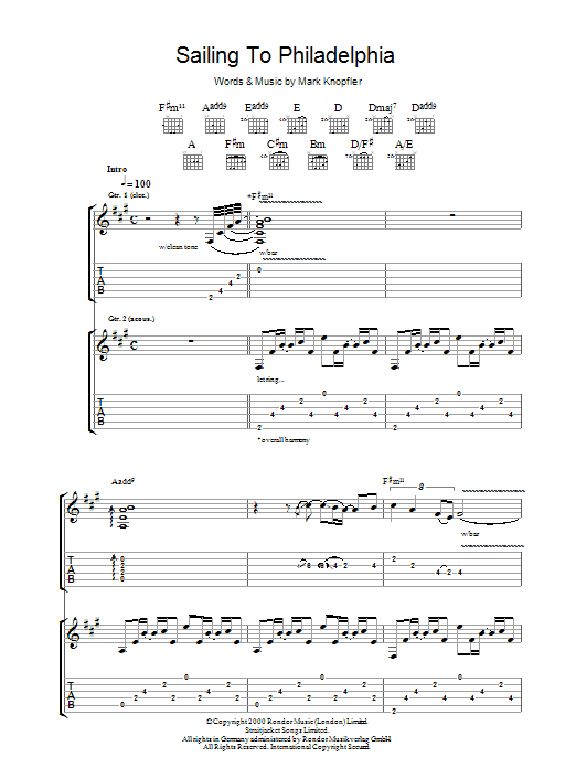 Mark Knopfler Sailing To Philadelphia sheet music notes and chords arranged for Guitar Chords/Lyrics