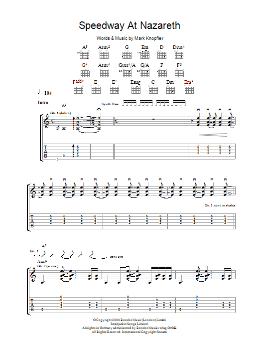 Mark Knopfler Speedway At Nazareth sheet music notes and chords arranged for Guitar Tab