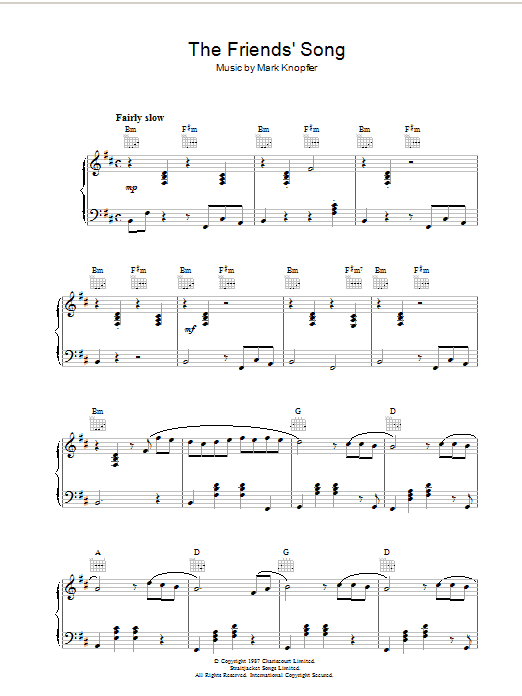 Mark Knopfler The Friends' Song (from The Princess Bride) sheet music notes and chords arranged for Piano Solo