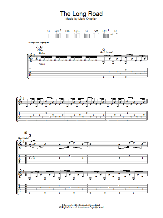 Mark Knopfler The Long Road (from Cal) sheet music notes and chords arranged for Guitar Tab