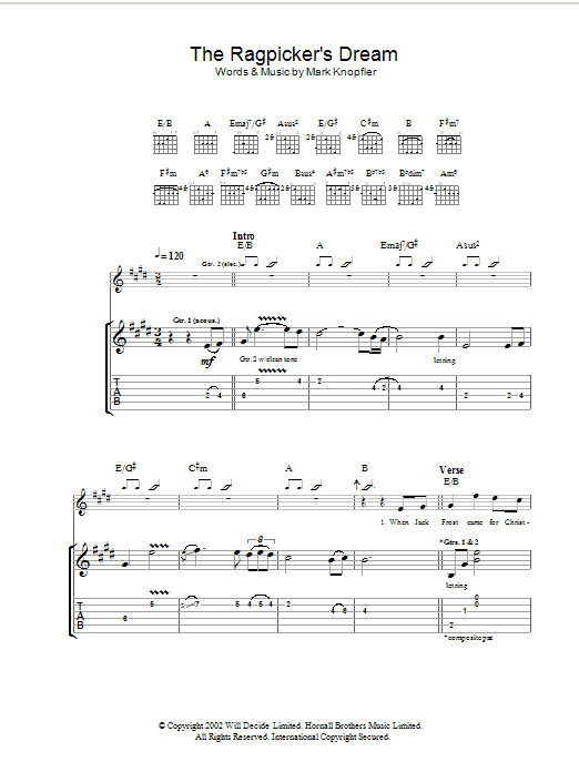 Mark Knopfler The Ragpicker's Dream sheet music notes and chords arranged for Guitar Tab