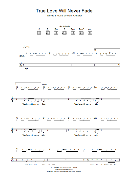 Mark Knopfler True Love Will Never Fade sheet music notes and chords arranged for Guitar Tab