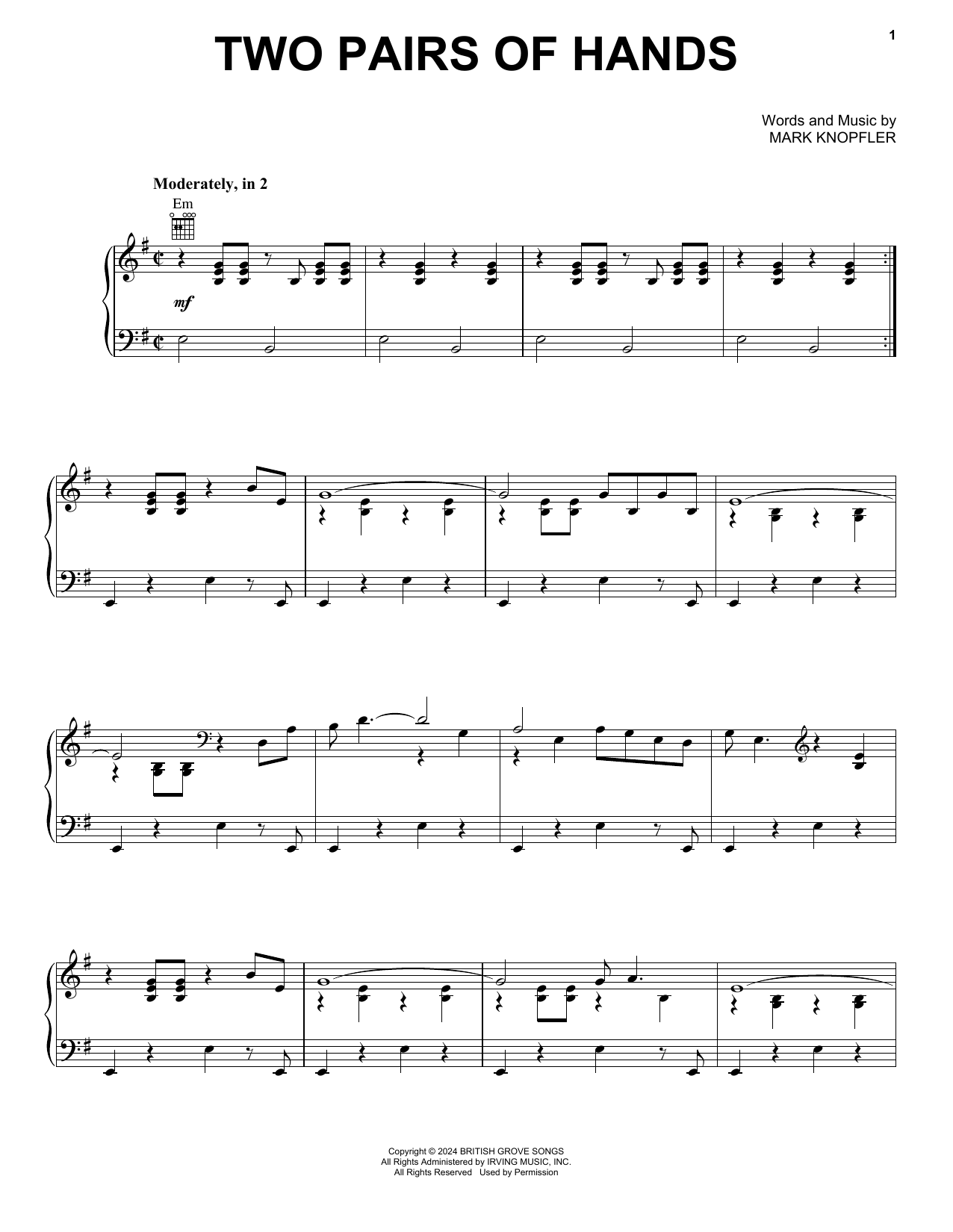 Mark Knopfler Two Pairs Of Hands sheet music notes and chords arranged for Piano, Vocal & Guitar Chords (Right-Hand Melody)