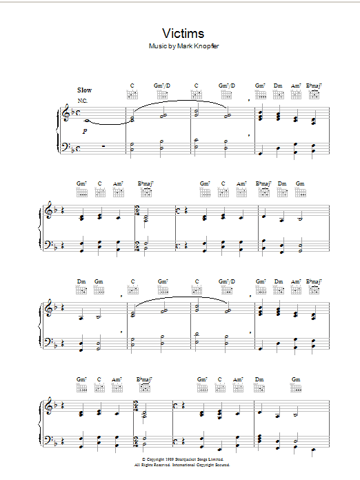 Mark Knopfler Victims (from Last Exit To Brooklyn) sheet music notes and chords arranged for Piano Solo