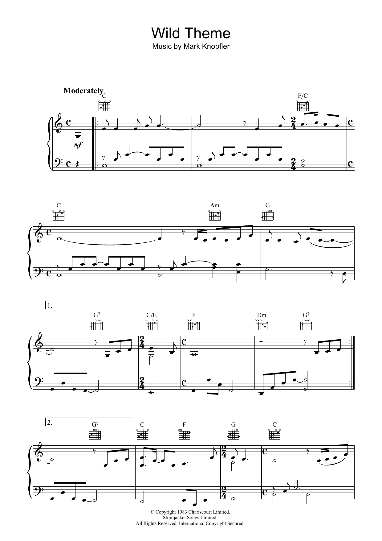 Mark Knopfler Wild Theme (from Local Hero) sheet music notes and chords arranged for Piano Solo