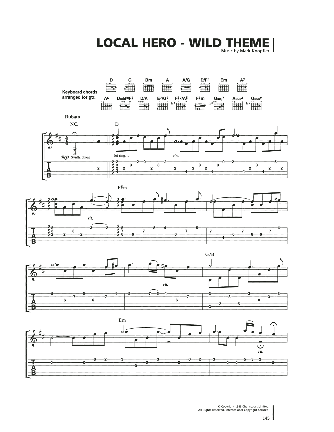 Mark Knopfler Wild Theme sheet music notes and chords arranged for Guitar Tab