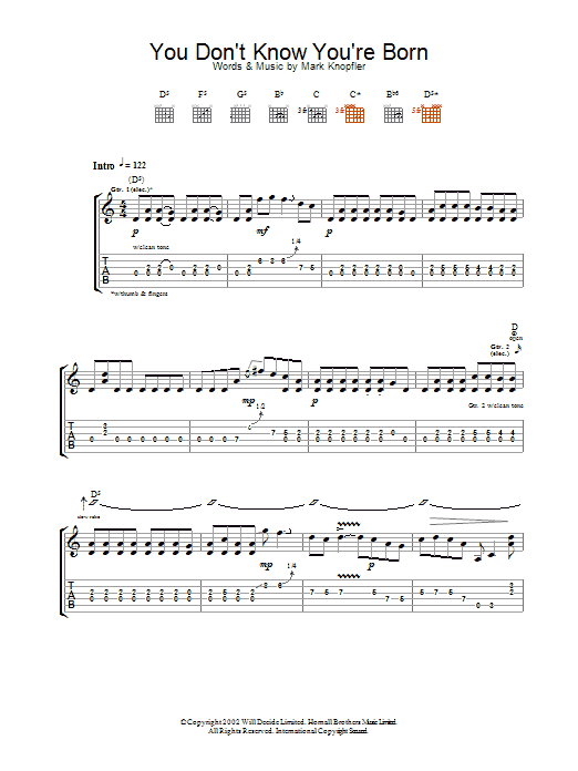 Mark Knopfler You Don't KnowYou're Born sheet music notes and chords arranged for Guitar Tab