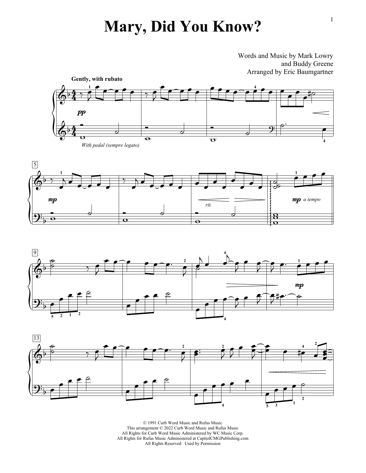 Mark Lowry Mary, Did You Know? (arr. Eric Baumgartner) sheet music notes and chords arranged for Educational Piano