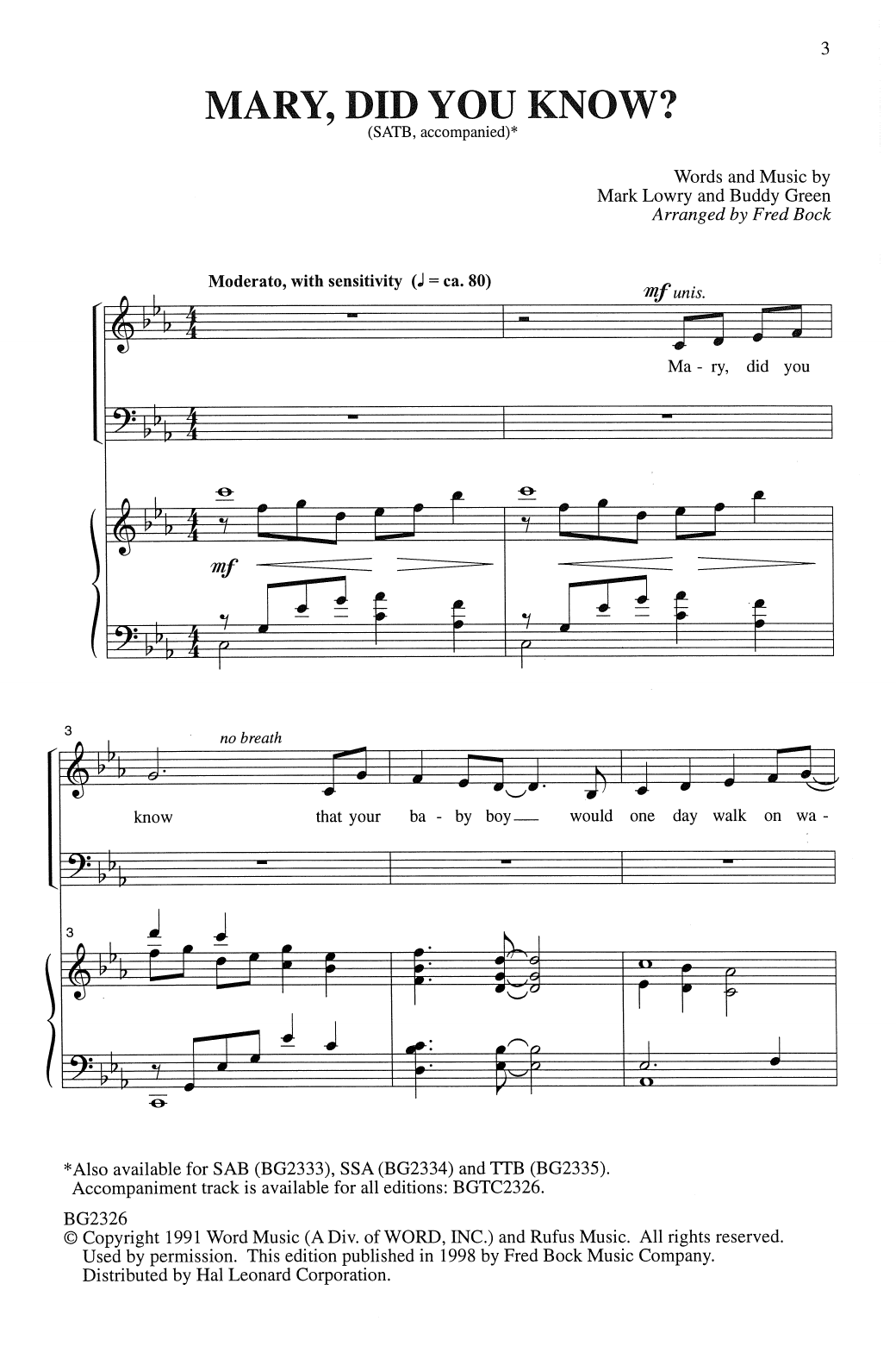 Mark Lowry Mary, Did You Know? (arr. Fred Bock) sheet music notes and chords arranged for SATB Choir