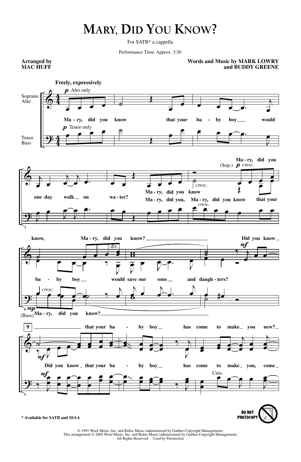 Mark Lowry Mary, Did You Know? (Arr. Mac Huff) sheet music notes and chords arranged for SSA Choir