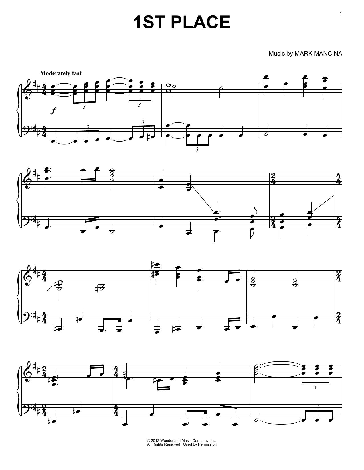 Mark Mancina 1st Place sheet music notes and chords arranged for Piano Solo