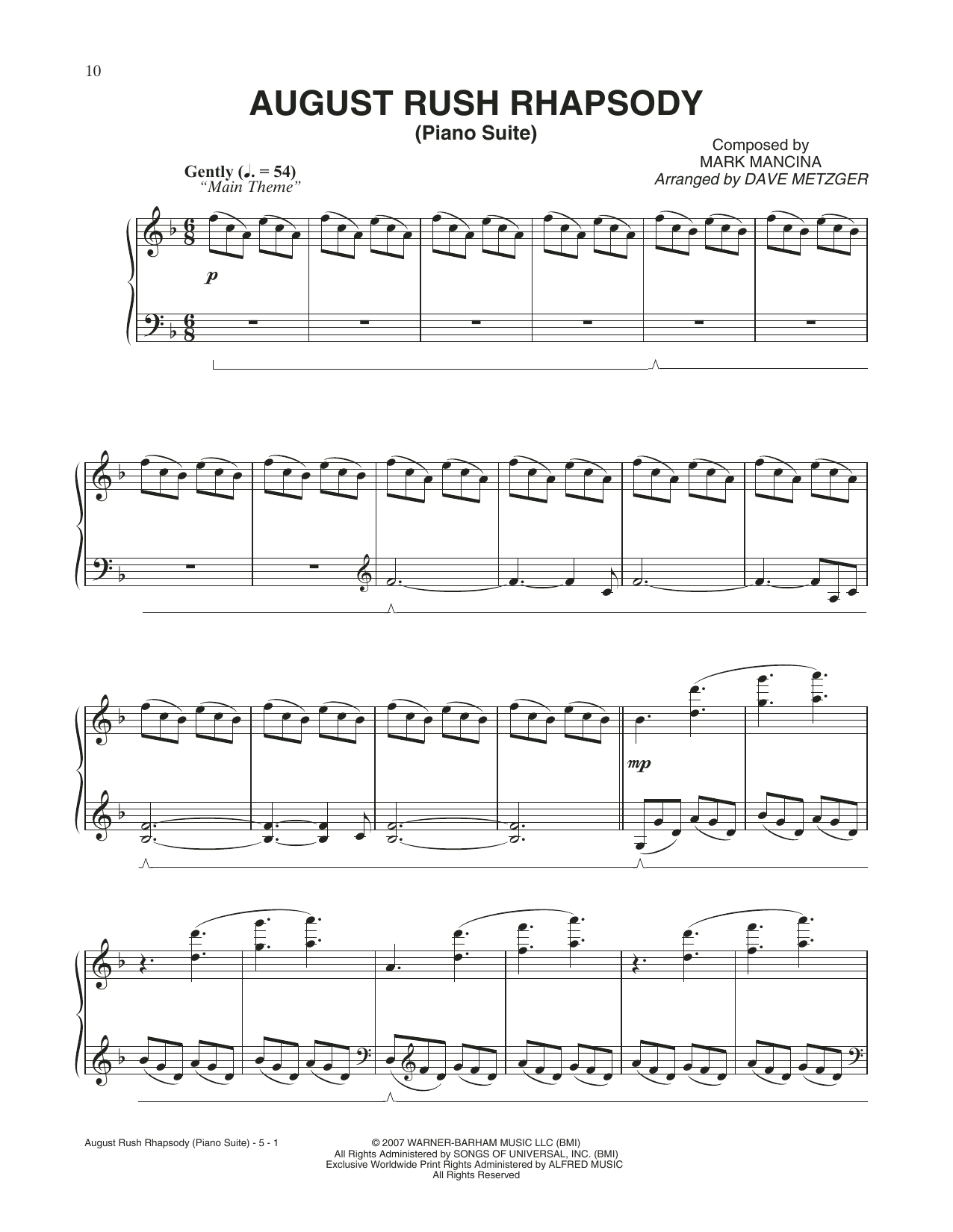 Mark Mancina August Rush Rhapsody sheet music notes and chords arranged for Piano Solo